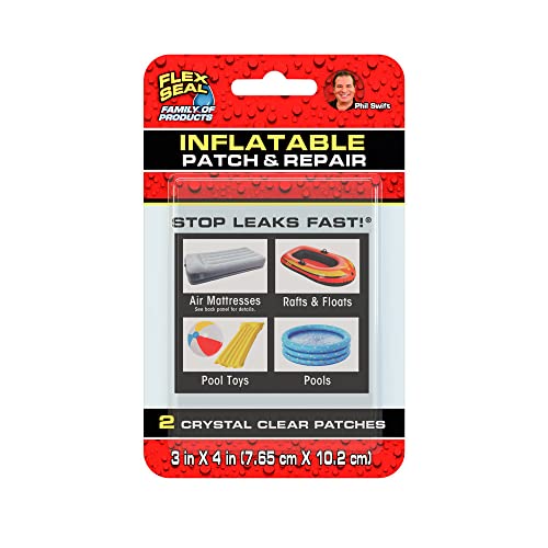 Flex Seal Inflatable Patch & Repair Kit, Use on Air Mattresses, Bounce Houses, Rafts and Floats, Pool Toys and Pools, Smooth PVC Plastic Surfaces - Kit Includes (2) Crystal Clear Patches