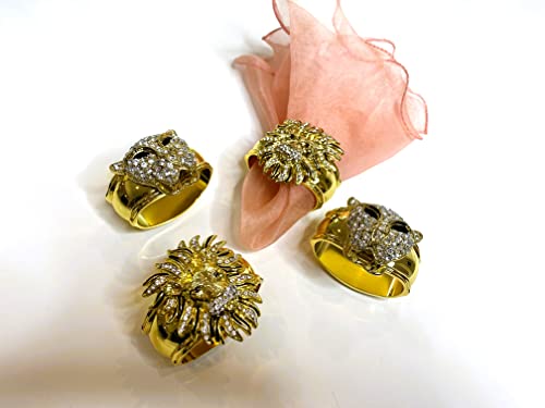 Hans Turnwald Signed Set 4 Gold Plate Napkin Rings Panther & Lion, African Safari, Rhinestone Crystal