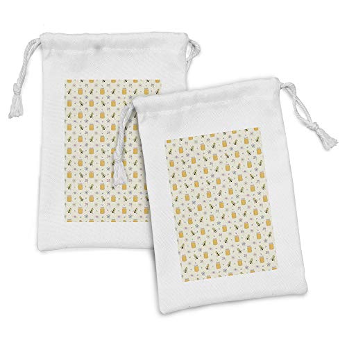 Ambesonne Bee Fabric Pouch Set of 2, Continuous Pattern of Honey Jars Insect and Spring Flowers Buzzing Flies, Small Drawstring Bag for Toiletries Masks and Favors, 9' x 6', Eggshell and Multicolor