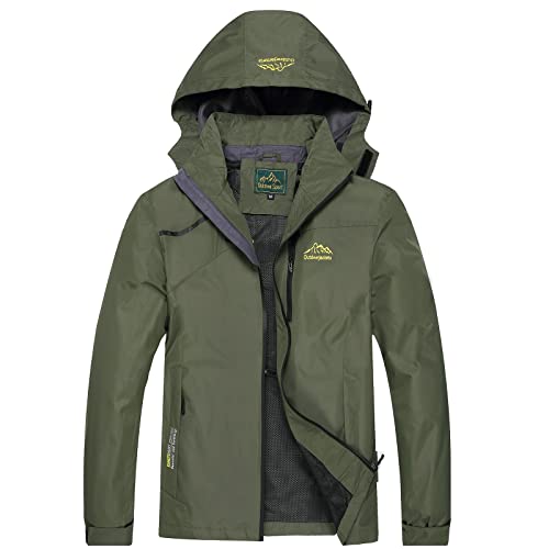 GIISAM Rain Jacket Mens Waterproof with Hood Lightweight Tactical Jacket for Men Windbreaker Jackets Softshell Green Rain Coats