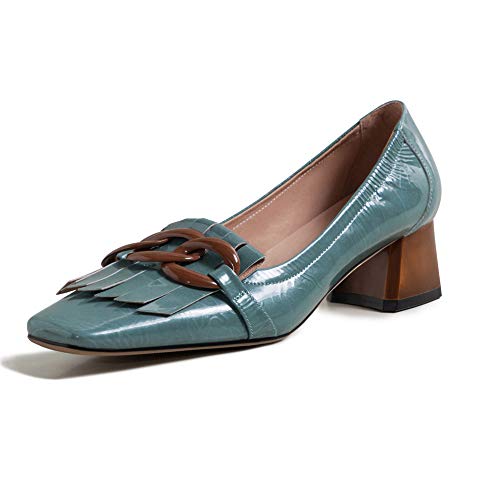 TinaCus Women's Genuine Leather Square Handmade Tassels Chunky Heel Retro Loafers Shoes with Chain(Blue, US7)