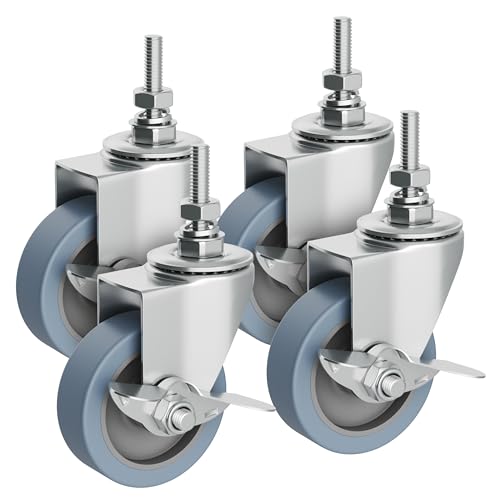 Houseables Caster Wheels, 3” Casters Set of 4 Heavy Duty, Locking Casters, Screw Dia. 3/8'-16, Length 1.5', Castors, Heavy Duty Casters, Industrial Casters, 3 Inch Casters Set of 4, 3” Caster Wheels