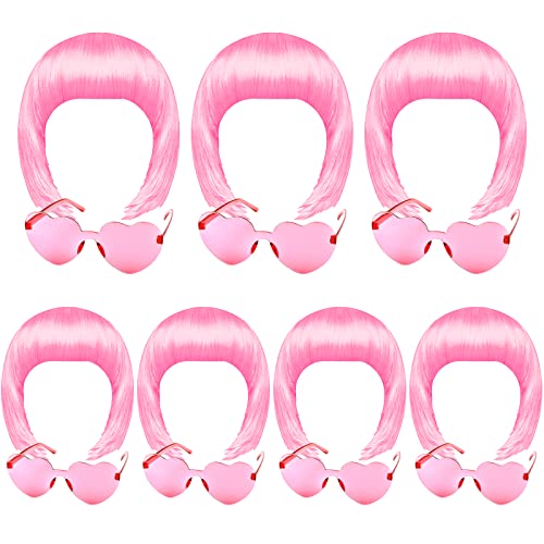 KUUQA 10 Pieces Pink Party Wigs and Sunglass Set, Pink Short Bob Wig Sunglass Pack Costume Colorful Cosplay Wig Daily Party Hairpieces for Bachelorette Neon Party Favors, Halloween and Decorations