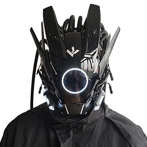 KYEDAY Punk Mask Cosplay for Men, Futuristic Punk Techwear, Round Light with Braids Mask Cosplay Halloween Fit Party Music Festival Accessories… (white)
