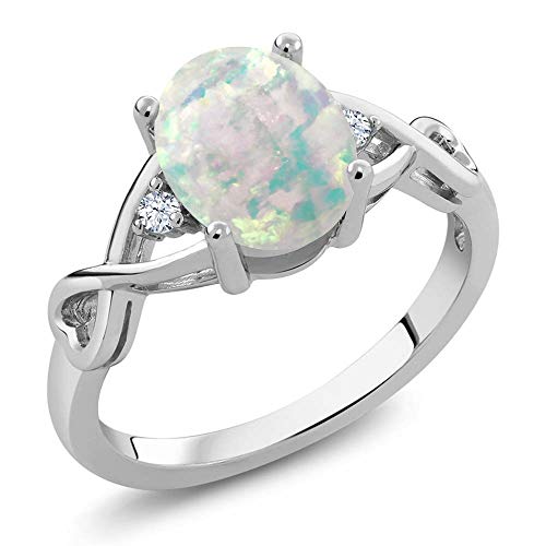 Gem Stone King 925 Sterling Silver Cabochon White Simulated Opal Ring For Women (0.69 Cttw, Oval Birthstone Available 5,6,7,8,9) (Size 8)