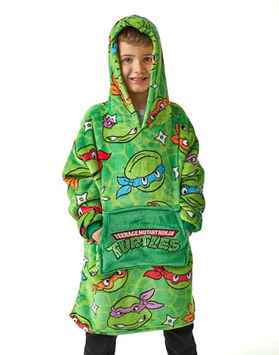 Teenage Mutant Ninja Turtles Boys Wearable Hooded Blanket | Green All Over Print Fleece Hoodie | Pullover Cartoon Loungewear