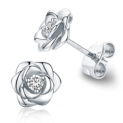 White Gold Plated Sterling Silver Rose Flower Earring Studs, Hypoallergenic & Nickel Free Earrings for Women