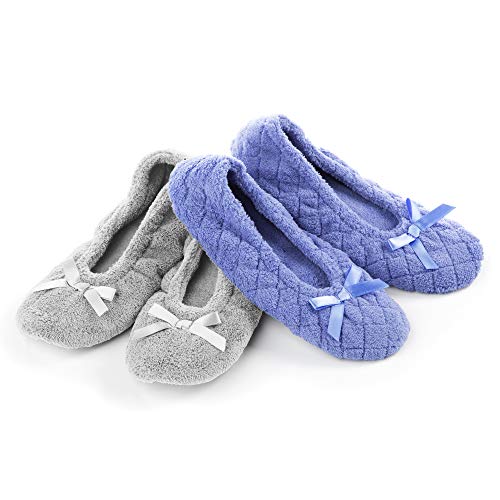 Isotoner Women's 2 Pack Mictroterry Ballerina Slipper with a Satin Bow, Plush Lining and Suede Sole, Periwinkle Quilted/Ash Solid, 8-9