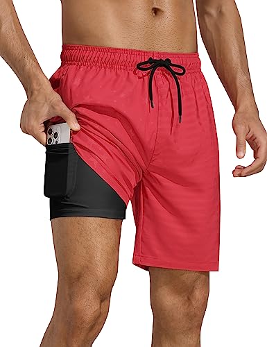 Nonwe Mens Swimsuits 7 Inch Inseam with Compression Liner Stretch American Flag Beach Shorts Red 32