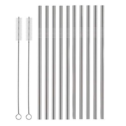 Set of 10 Stainless Steel Straws, HuaQi Straight Reusable Straight Drinking Straws 10.5'' Long 0.24‘’ Dia for 30 oz Tumbler and 20 oz Tumbler, 2 Cleaning Brush Included