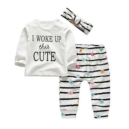 KuKitty 3Pcs Baby Girl Outfits Set I Woke Up This Cute Long Sleeve T-Shirt Tops Flowers Pants with Headband (12-18 Months)