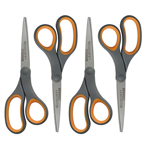 Westcott Titanium Bonded Scissors, Soft Handle, 8', Straight, Gray/Yellow, 4-Pack