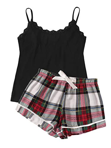 SweatyRocks Women's Sleepwear Set Plaid Print Cami Top and Elastic Waist Short Pajama Set Multicolor Large