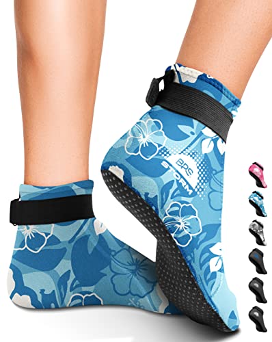 BPS 'Storm Sock' Neoprene 3mm Water Socks - Wetsuit Booties for Wading, Tide Pooling, Fishing, Water Aerobics, Rafting - Neoprene Low Cut Socks (Floral Blue/White Accent, Medium)