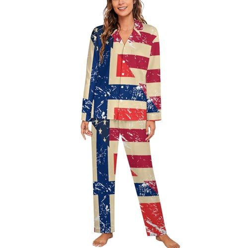 American and Norway Retro Flag Cotton 2 Pcs Womens Pajama Sets Long Sleeve Sleepwear Cuban Collar Nightwear Loungewear S