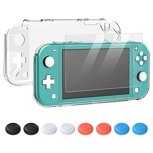 Crystal Clear Cover Case for Switch Lite, Ultra Slim Clear Hard PC Protective Case Compatible with Nintendo Switch Lite with a Glass Screen Protector and 8 Thumb Grips Caps