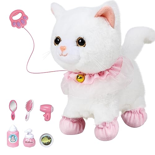 Interactive Electronic Plush Toy Walking and Barking Robot Cat Plush Cat Remote Control Kitten for Girls (White Cat)