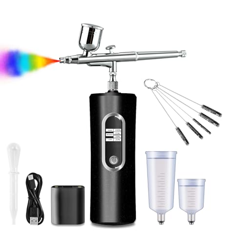 Fascinated Airbrush Cordless kit with Compressor Display, Adjustable Pressure Modes of High/Middle/Low, Portable Handheld Airbrush Gun Set for Painting Cake Decor Nail Art Barbers Model Coloring