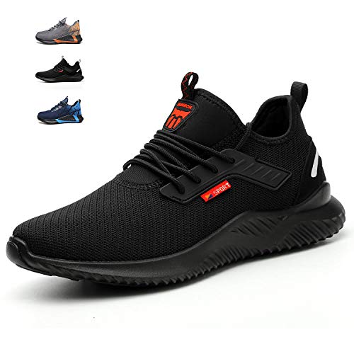 ulogu Steel Toe Sneakers for Men Women Breathable and Lightweight Safety Construction Work Shoes Black/Red