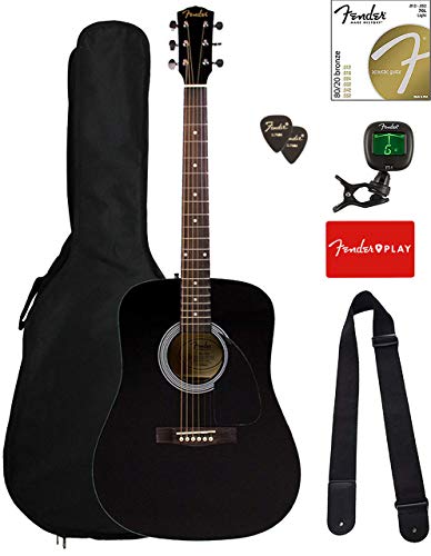 Fender FA-115 Dreadnought Acoustic Guitar - Black Bundle with Gig Bag, Tuner, Strings, Strap, Picks, and Fender Play Online Lessons