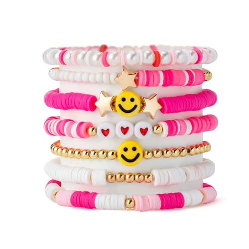 YALASOBA Preppy Bracelets Set Colorful White Gold Smile Heart Star Evil Eye Beaded Polymer Clay Pearl Stackable Charm Y2K Kidcore Summer Beach Bohemian Layering Bracelets Jewelry for Women Girls Teens (Pink)