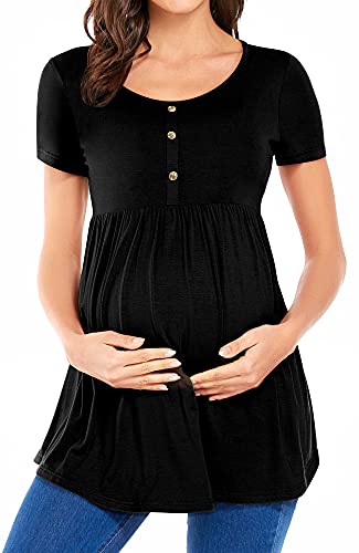 POSHGLAM Women's Maternity Top Shirts Round Neck Ruched Pregnancy Clothes with Button Accent (Short Sleeve Black, L)