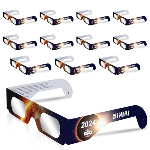 Biniki Solar Eclipse Glasses AAS Approved 2024 - ISO 12312-2:2015(E) & CE Certified Safe Shades for Direct Sun Viewing for Solar Eclipse (12 Packs)
