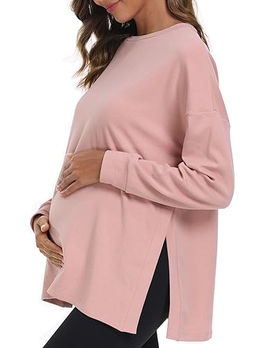 Ecavus Women's Casual Maternity Shirts Long Sleeve Soft and Comfy Pregnancy Tee Tops Side Split Maternity Clothes Dusty Pink