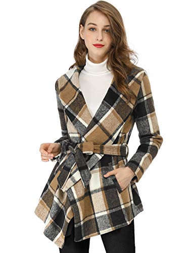 Allegra K Women's Turn Down Collar Asymmetric Hem Thin Plaids Wrap Coat Medium Brown