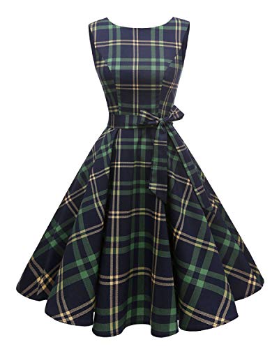 Hanpceirs Women's Boatneck Sleeveless Swing Vintage 1950s Cocktail Dress Green Plaid 2X