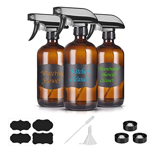 YUNFOOK 16 oz Amber Glass Spray Bottles - 3 Pack Refillable Empty Bottle for Cleaning Solutions, Essential Oils, Plants, Hair Mister - with Labels &Funnel, Dropper (16oz-3pack, Amber)