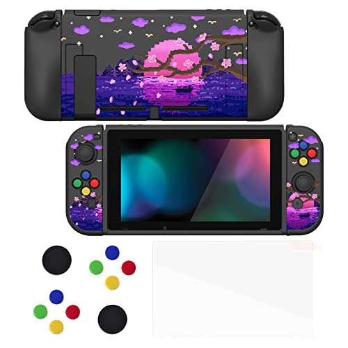playvital ZealProtect Soft Protective Case for Nintendo Switch, Flexible Cover Protector for Switch with Screen Protector & Thumb Grip Caps & ABXY Direction Button Caps - Pixel Moon Night