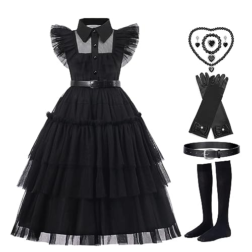 RUXlNRUA Wednesday Addams Costume Dress, Gothic Princess Outfits for Girls, Family Costumes Halloween Cosplay Stage Show Party Dress for 4-13 Years Girls with Accessories Dress Up Set (4-5 years)
