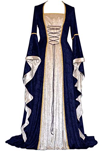 YEAXLUD Womens Renaissance Medieval Costume Dress Lace up Irish Over Long Dresses Cosplay Retro Gown S-5XL (S, Navy)