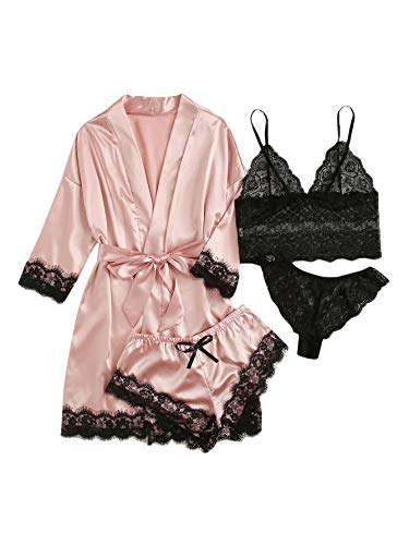 WDIRARA Women' Silk Satin Pajamas Set 4pcs Lingerie Floral Lace Cami Sleepwear with Robe Pink S