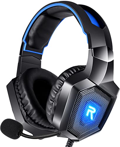 GIZORI Surround Sound Gaming Headset with Microphone, Gaming Headphones for PS4 PS5 Xbox One PC with LED Lights, Playstation Headset with Noise Reduction 7.1 Over-Ear and Wired 3.5mm Jack (Blue)