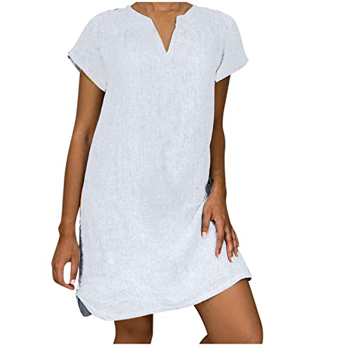 Women Mini Dress Summer Loose V-Neck Solid Short Sleeve Cotton Linen Dress Classic Fit A-Line Pleated Swing Dresses