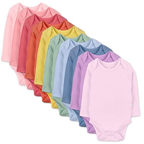 HonestBaby 10-Pack Long Sleeve Bodysuits One-piece 100% Organic Cotton for Infant Baby Boys, Girls, Unisex , Rainbow Gems Pinks, 18 Months