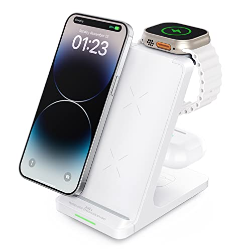 Wireless Charging Station, 3 in 1 Fast Wireless Charger Stand for Multiple Devices Apple Watch Ultra Series 9 8 7 6 SE 5 4 3 2, iPhone 15 14 13 12 11 Pro Max/Plus/Mini/X/XS/Max/XR/SE, Airpods Pro 2 3