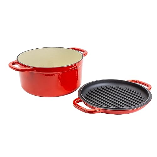 Lodge 7 Quart Essential Enameled Cast Iron Double Dutch Oven- Dual Handles – Lid Doubles as Grill Pan, Oven Safe up to 500° F or on Stovetop - Use to Marinate, Cook, Bake, Refrigerate & Serve – Red