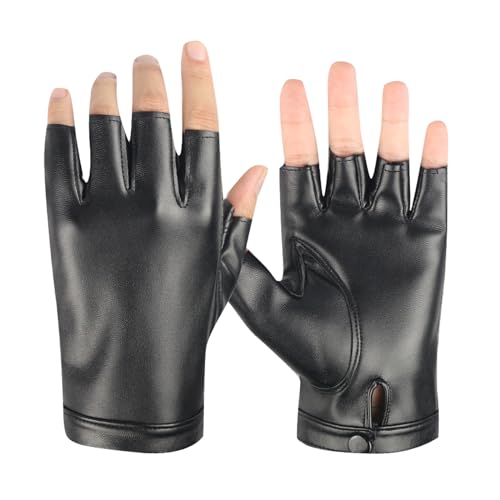 Long Keeper PU Leather Gloves for Women Men Fingerless Cycling Motorcycle Driving Gloves Black Half Finger Sport Gloves (Men-Plam Size: 23cm)