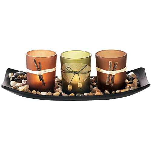 Dawhud Direct Decorative Votive Candle Holders, Vintage Decor Flameless Natural Candlescape Set, 3 LED Tea Light Candles, Rocks and Tray (Natural Earth Tones)