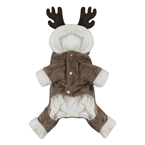 Cute Cartoon Pet Reindeer Cosplay Halloween Christmas Elk Costume Dog Puppy Hoodie Coat Jacket Clothes Soft Coral Velvet Fleece Winter Warm Hooded Sweater Jumpsuit Outfit Apparel for Small Dogs Cats