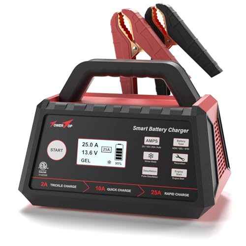 TowerTop 2/10/25 Amp 12V Smart Car Battery Charger, Fully Automatic Battery Maintainer with Engine Start, Auto Desulfator, Battery Repair, Winter Mode, for AGM, STD, Gel, Deep Cycle Batteries