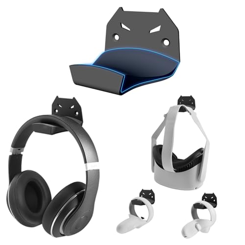 BracNova Headphone Hanger Holder Wall Mount,Steel Storage Stand Hook for Universal VR Headset and Controller（Black Headphone Hook with Premium Silicone Cradle