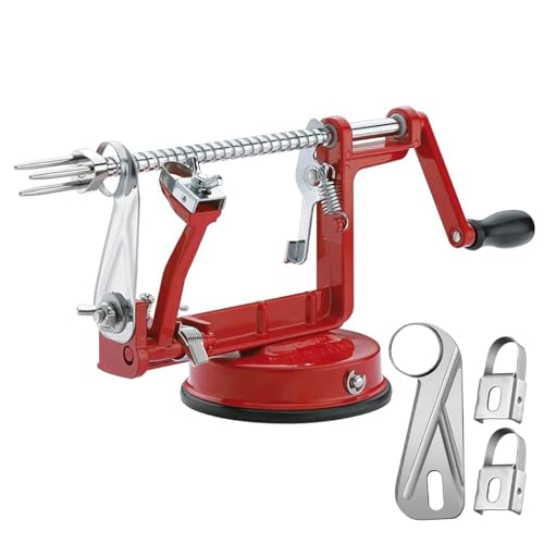 Apple Peeler Corer, Long lasting Chrome Cast Magnesium Alloy Apple Peeler Slicer Corer with Stainless Steel Blades and Powerful Suction Base for Apples and Potato(Red)