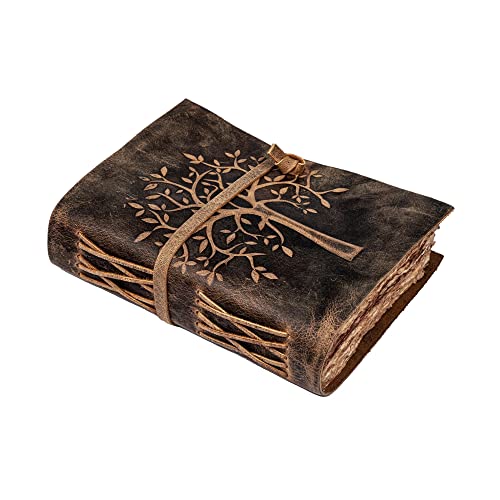 LEATHER VILLAGE Tree of Life Journal – 6 X 4 (A6) inches – 200 Antique Deckle Edge Handmade Paper – Book of Shadows – Cappuccino Brown Color - Vintage Leather Bound Journal for Women & Men