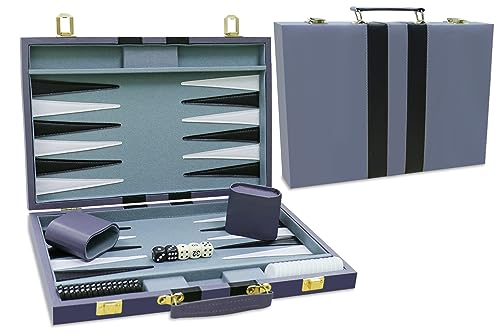 Backgammon Set - Classic Board Game with Premium Leather Case - Portable Travel Strategy Backgammon Game Set for Adults, Kids (15inch, Blue Grey)