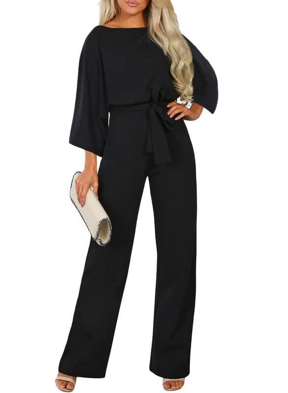Dokotoo Womens Plus Size Crew Neck Long Sleeve Belted Wide Leg Playsuits Back Keyhole Black Jumpsuit for Women Dressy Formal Summer X-Large