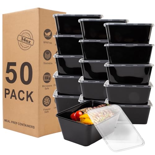 RANLITTLE Meal Prep Containers 50Pack - 34oz Food Storage Containers with Lids, Plastic Food Prep Containers, Disposable To Go Food Containers, BPA Free, Stackable, Microwave/Dishwasher/Freezer Safe